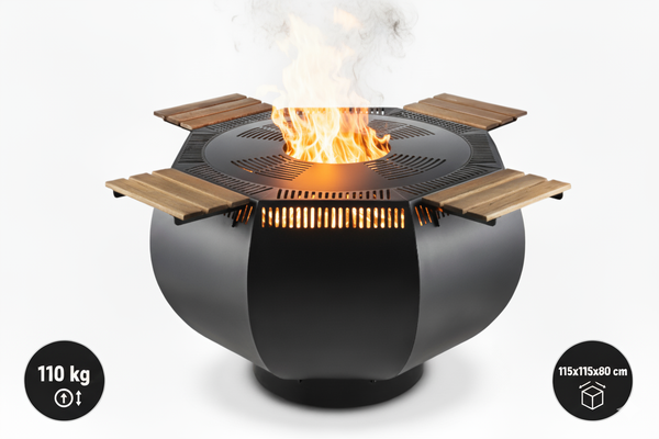 WOX Feuerschale mit Grillring – Feuerkorb & Grillplatte Schwarz (1150 x 1150 x 800 mm)
