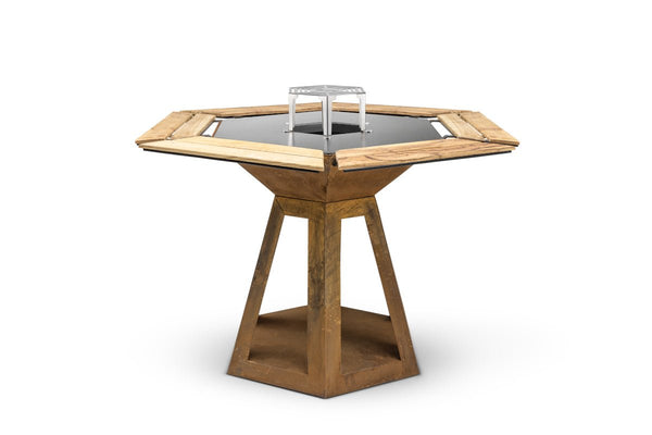 HEXA Feuerschale mit Grill und Plancha aus Cortenstahl